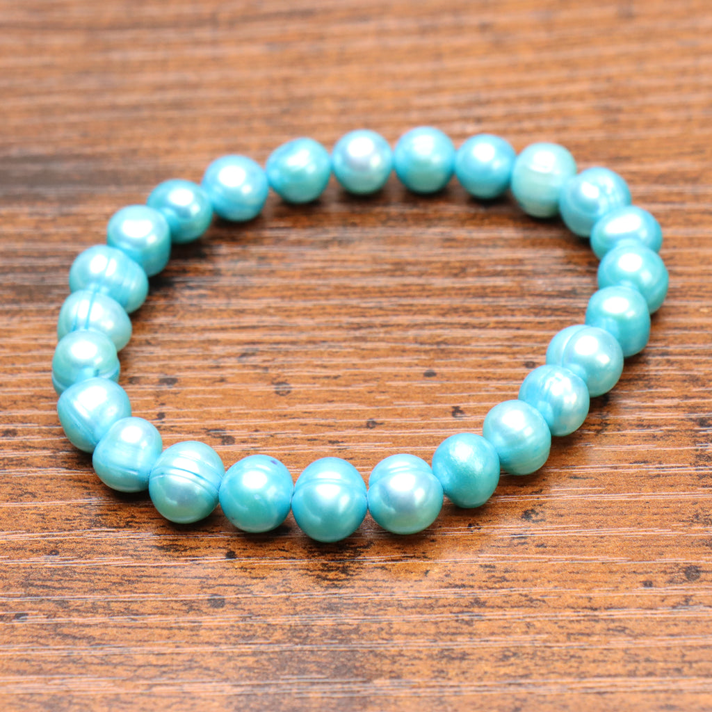 Light Blue Genuine Fresh Water  Pearl Stretch Bracelet Color Treated Stretch