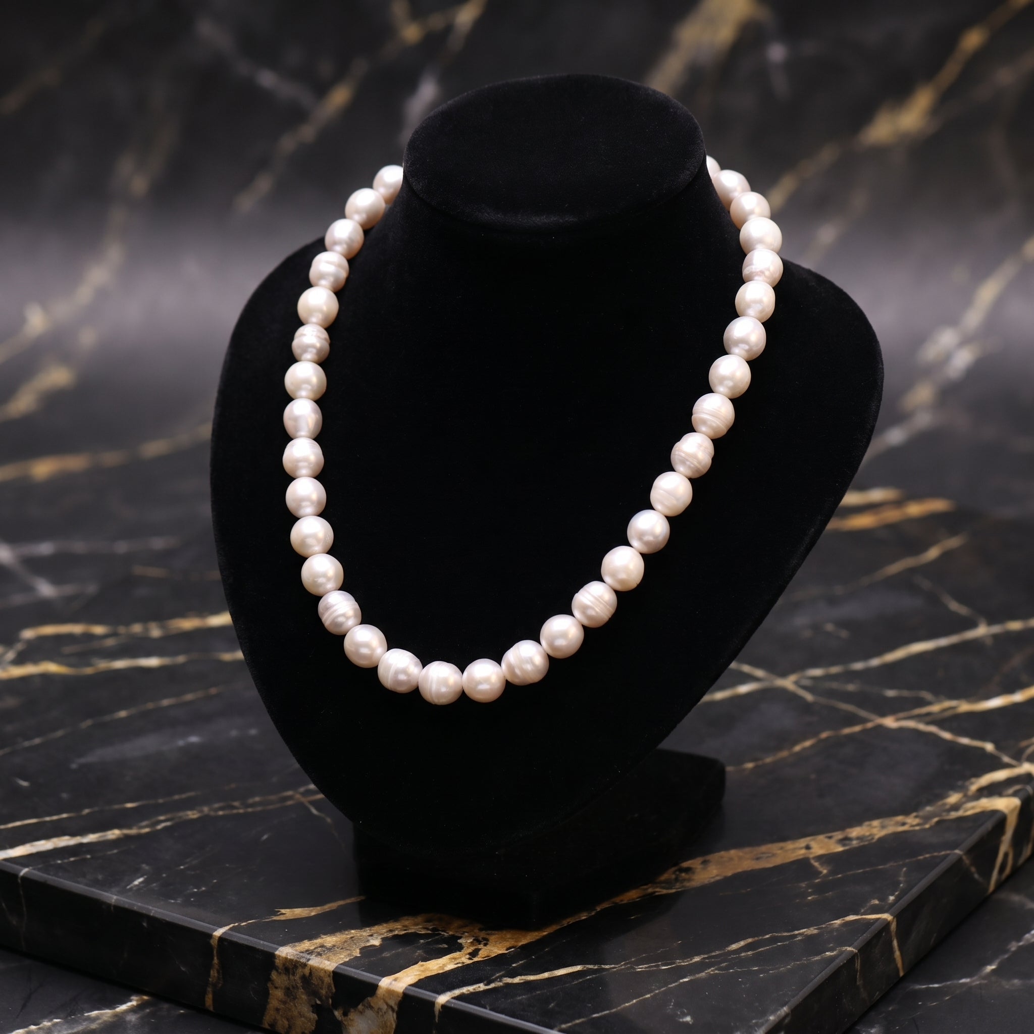 A single-strand pearl necklace displayed on a black velvet jewelry bust, set against a black and gold marble surface.