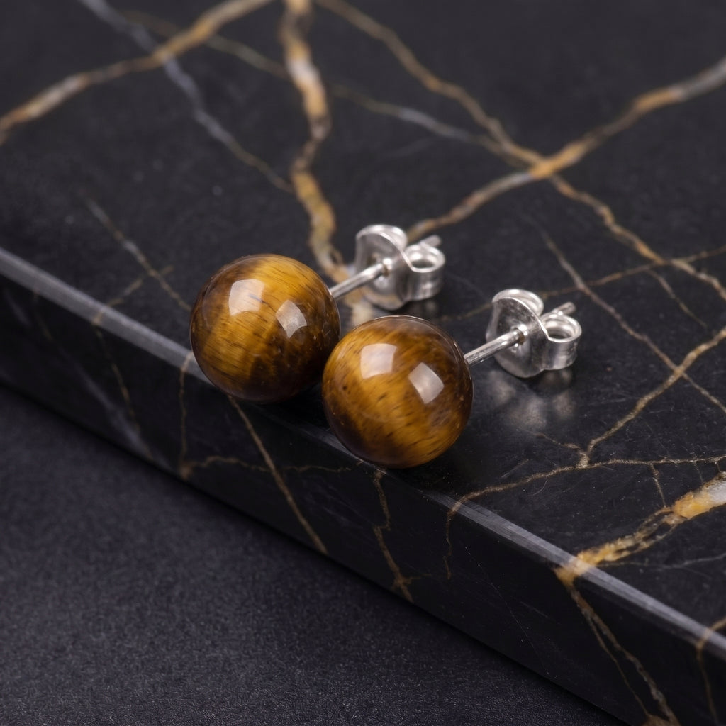 Tiger Eye Bead Earrings Natural Round 925 Sterling Silver 8mm