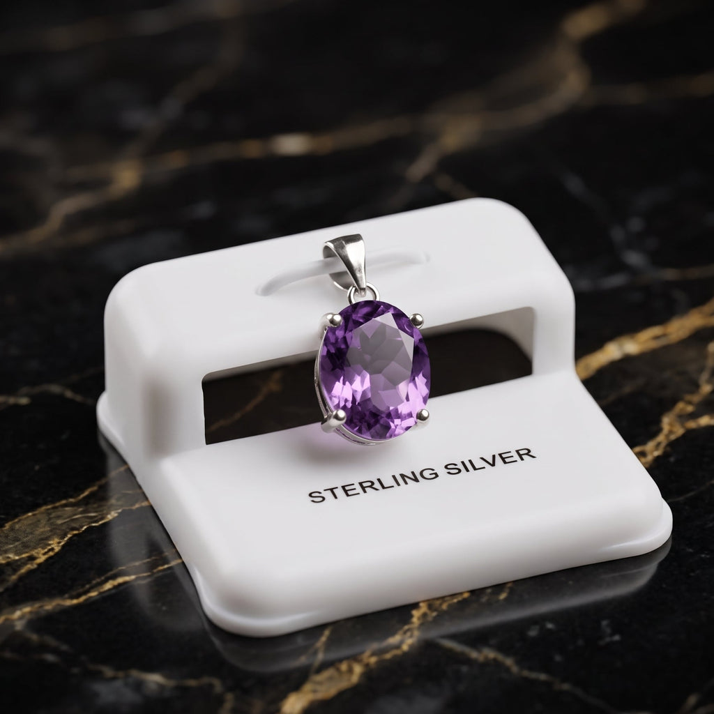 Amethyst oval semi precious natural pendant in 925 sterling silver on a white display stand