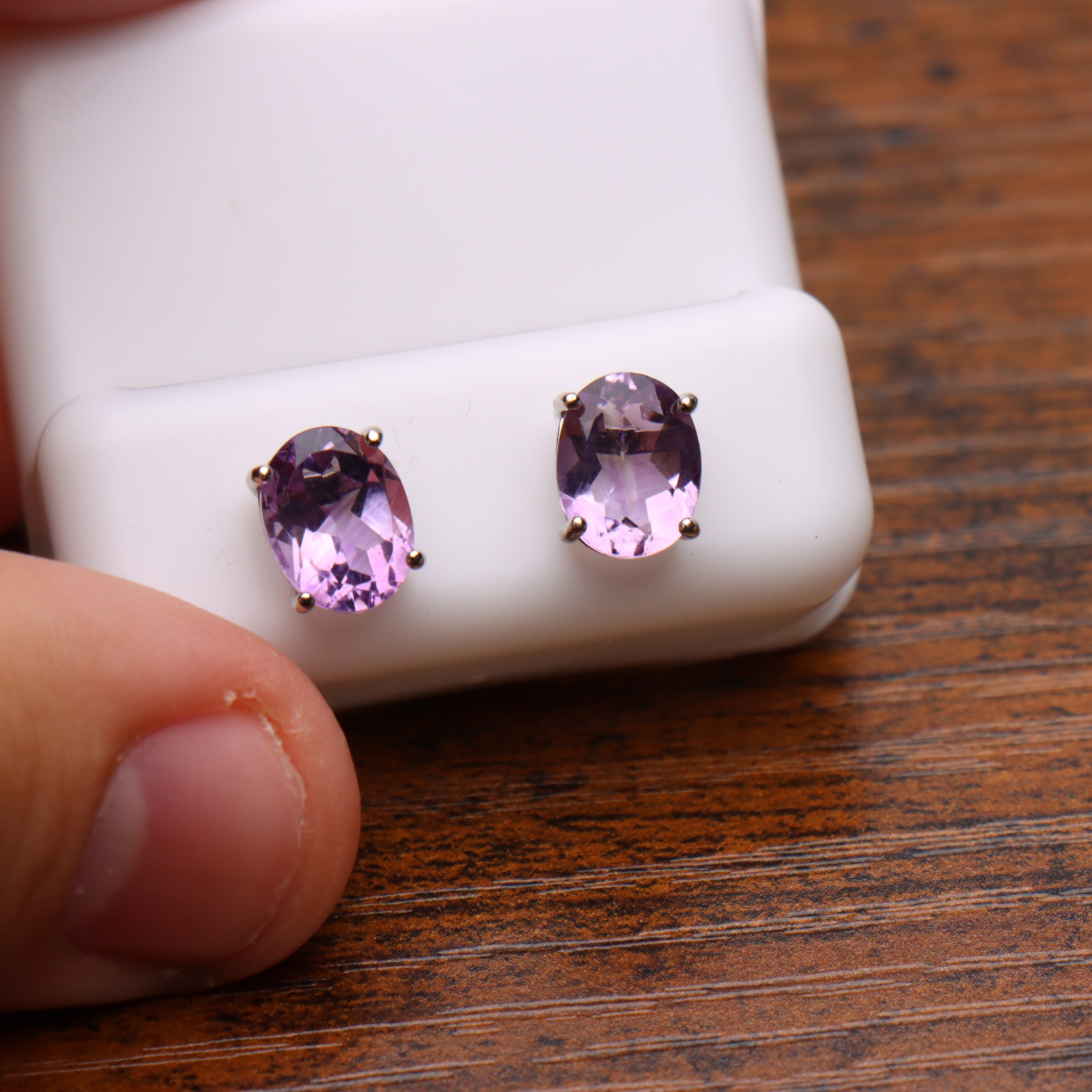Amethyst Purple Earrings Oval Natural Semi Precious 925 Sterling Silver