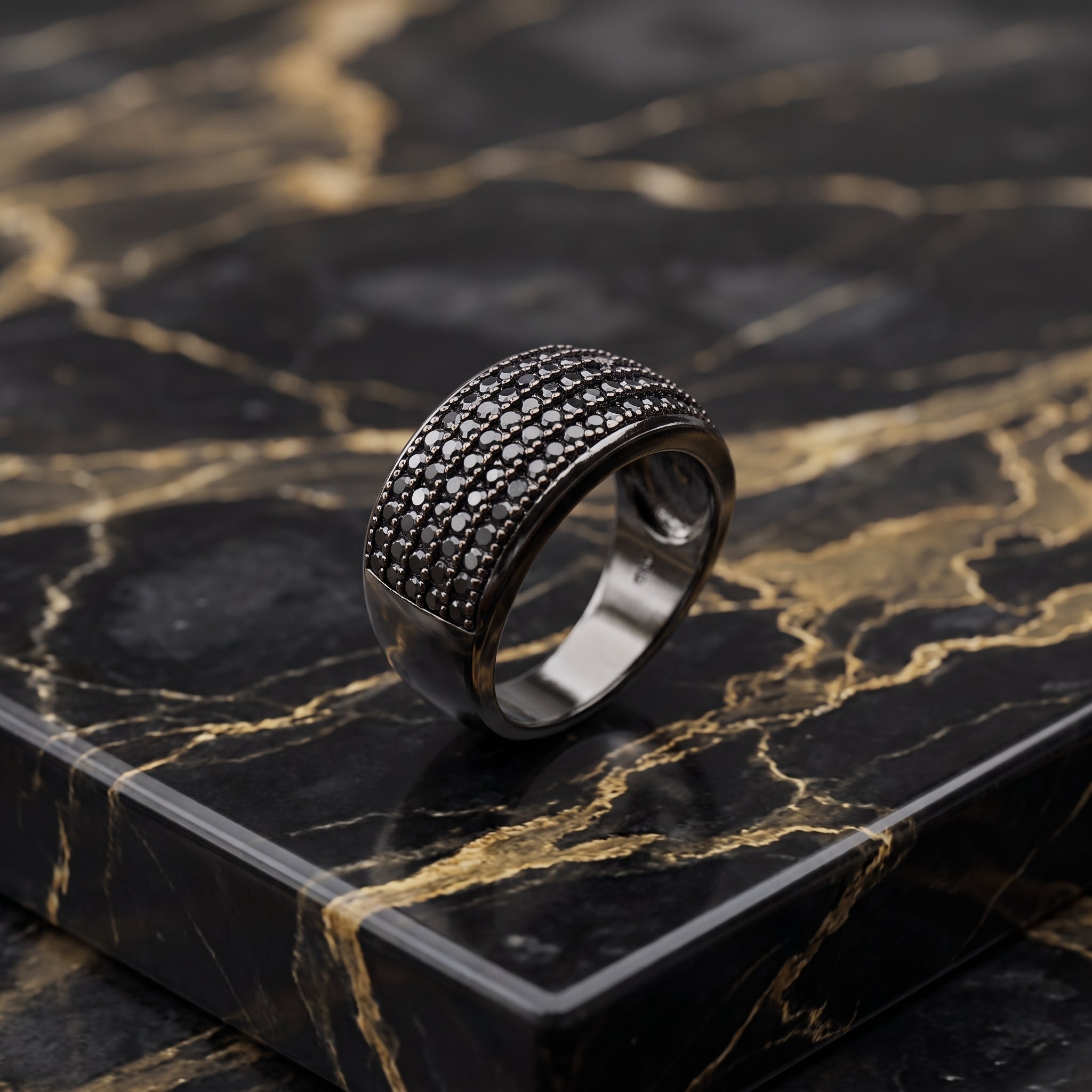 925 Sterling Silver Black Diamond CZ Pave Band Ring Wide Statement  Ring
