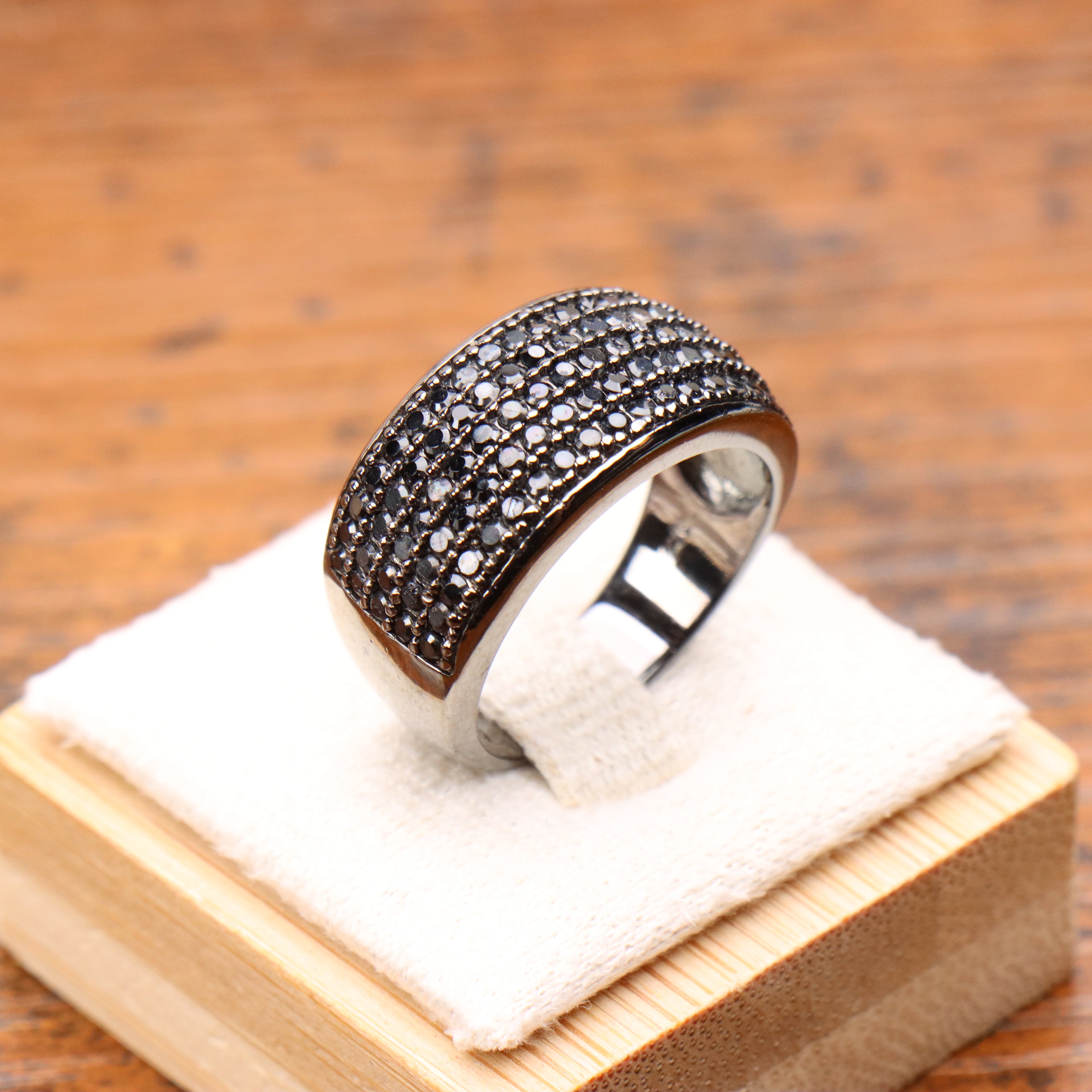 925 Sterling Silver Black Diamond CZ Pave Band Ring Wide Statement  Ring