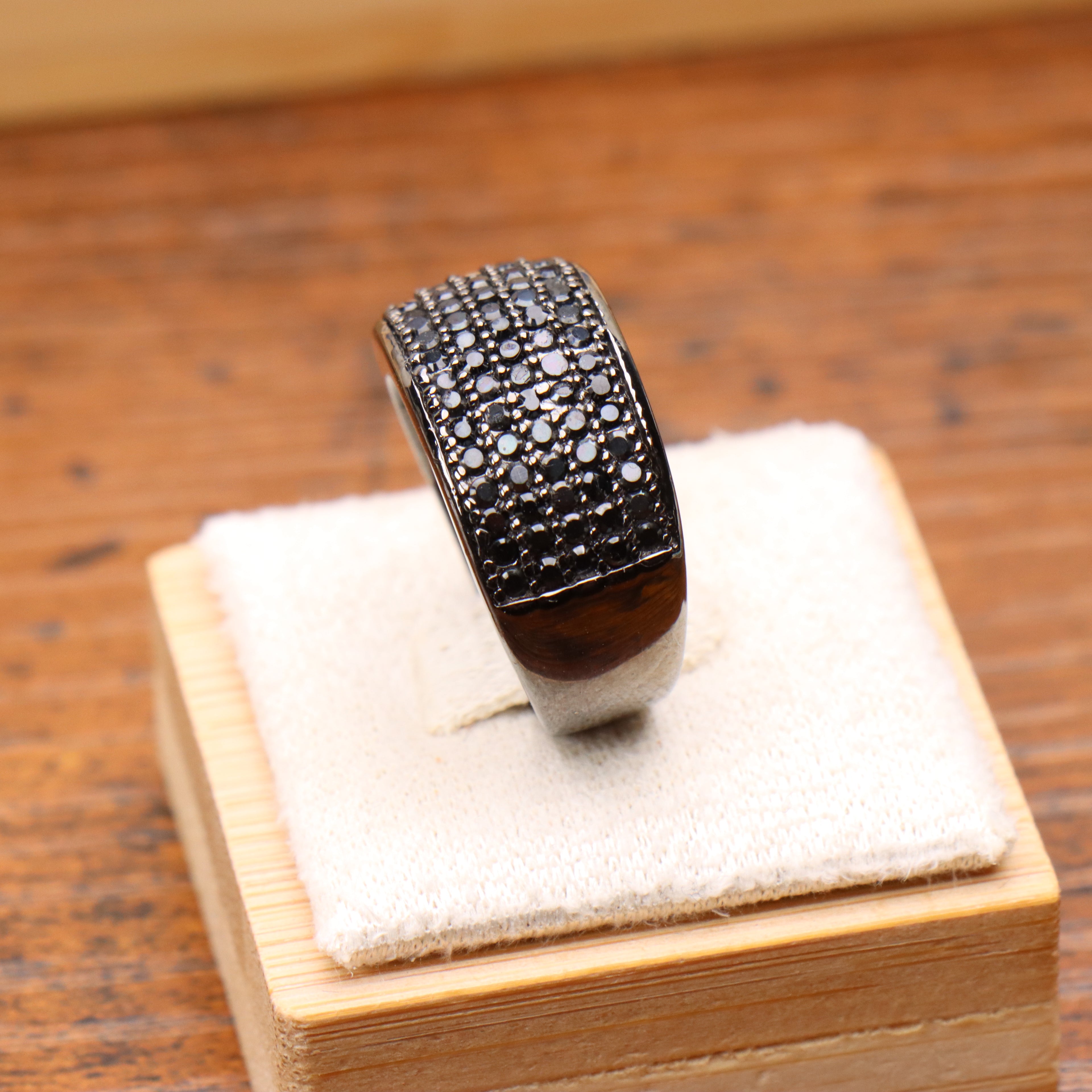 925 Sterling Silver Black Diamond CZ Pave Band Ring Wide Statement  Ring