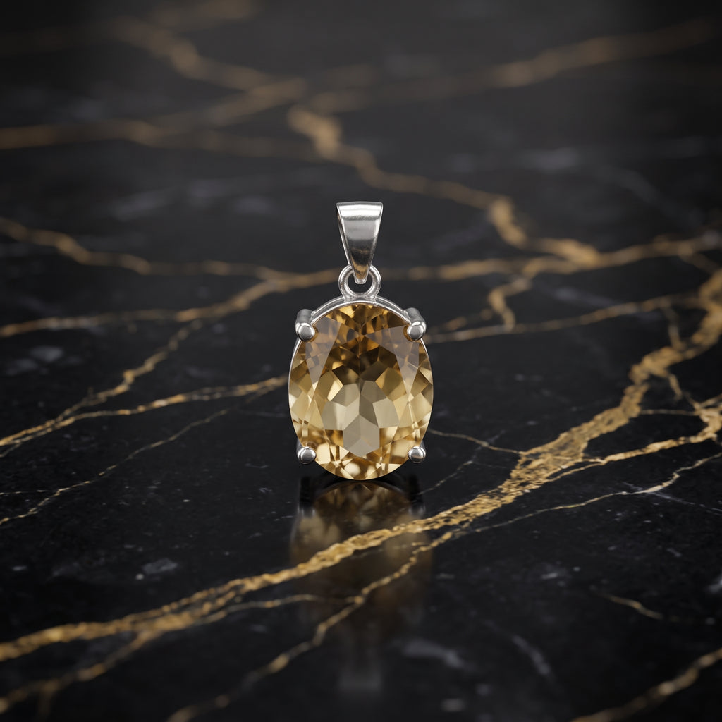 An oval-cut yellow gemstone pendant in a silver-toned setting, displayed on a polished black marble surface with gold veining.