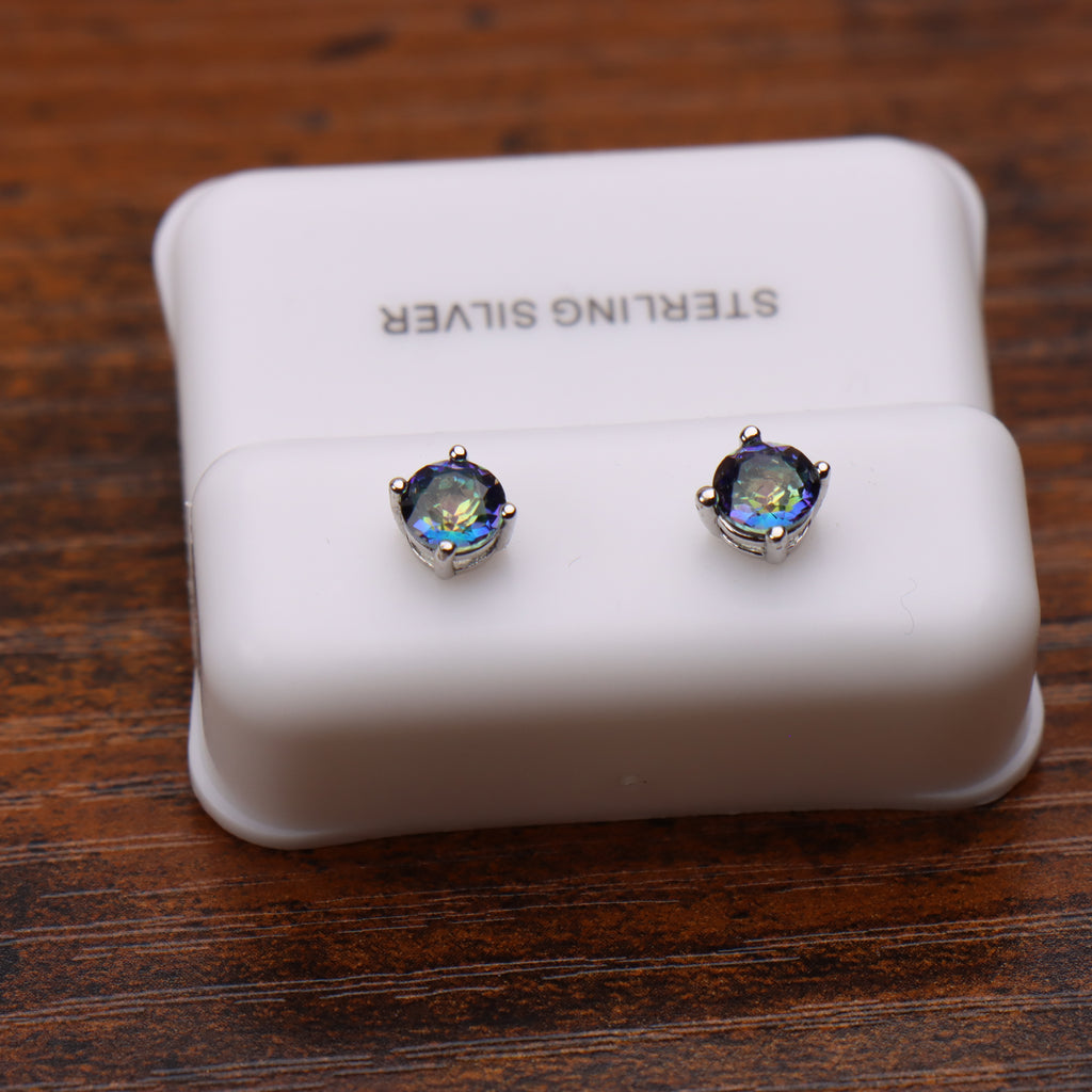 Mystic Blue Earrings Round Natural Semi Precious 925 Silver 5mm