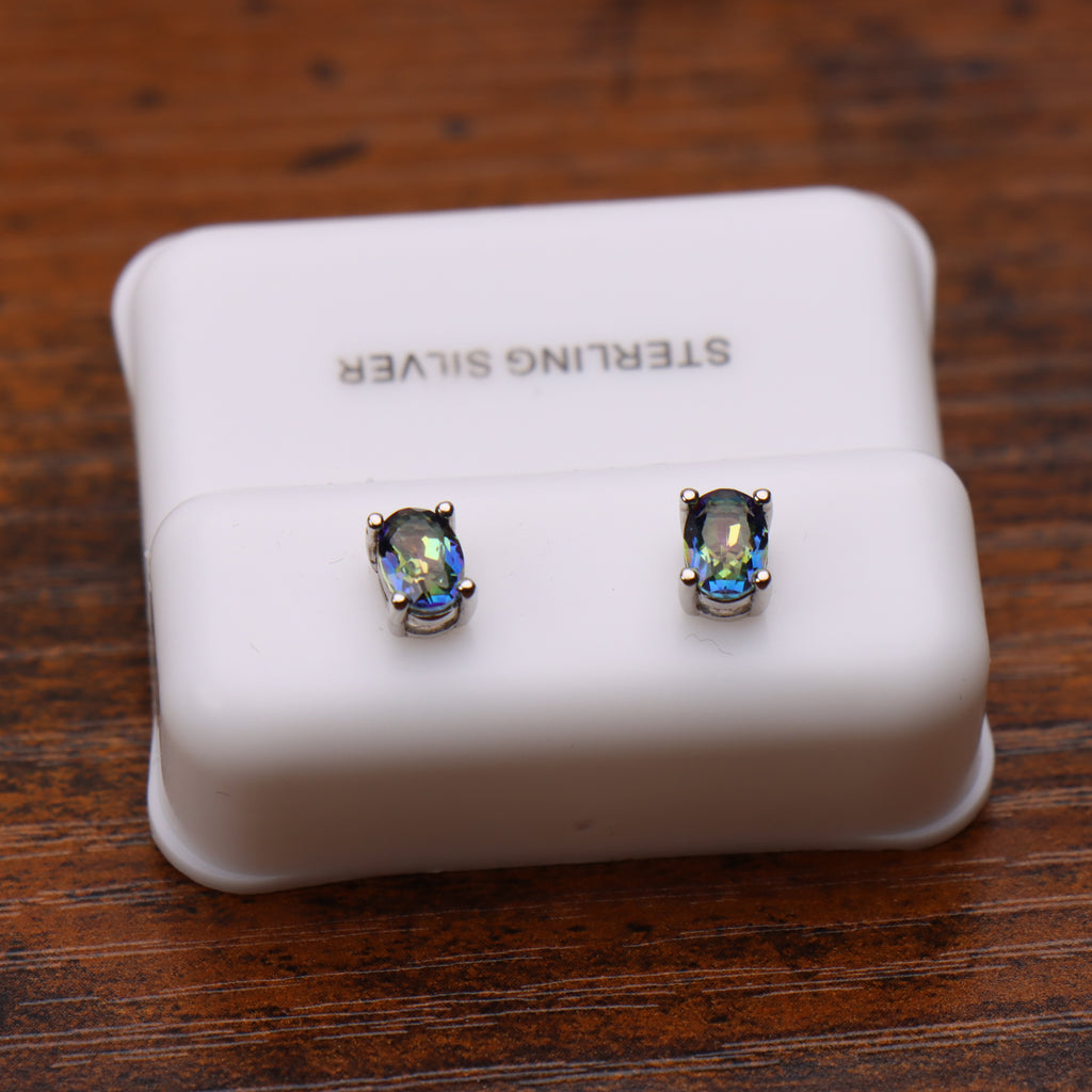 Mystic Blue Earrings Oval Natural Semi Precious 925 Sterling Silver