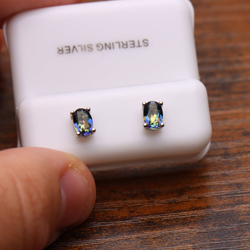 Mystic Blue Earrings Oval Natural Semi Precious 925 Sterling Silver