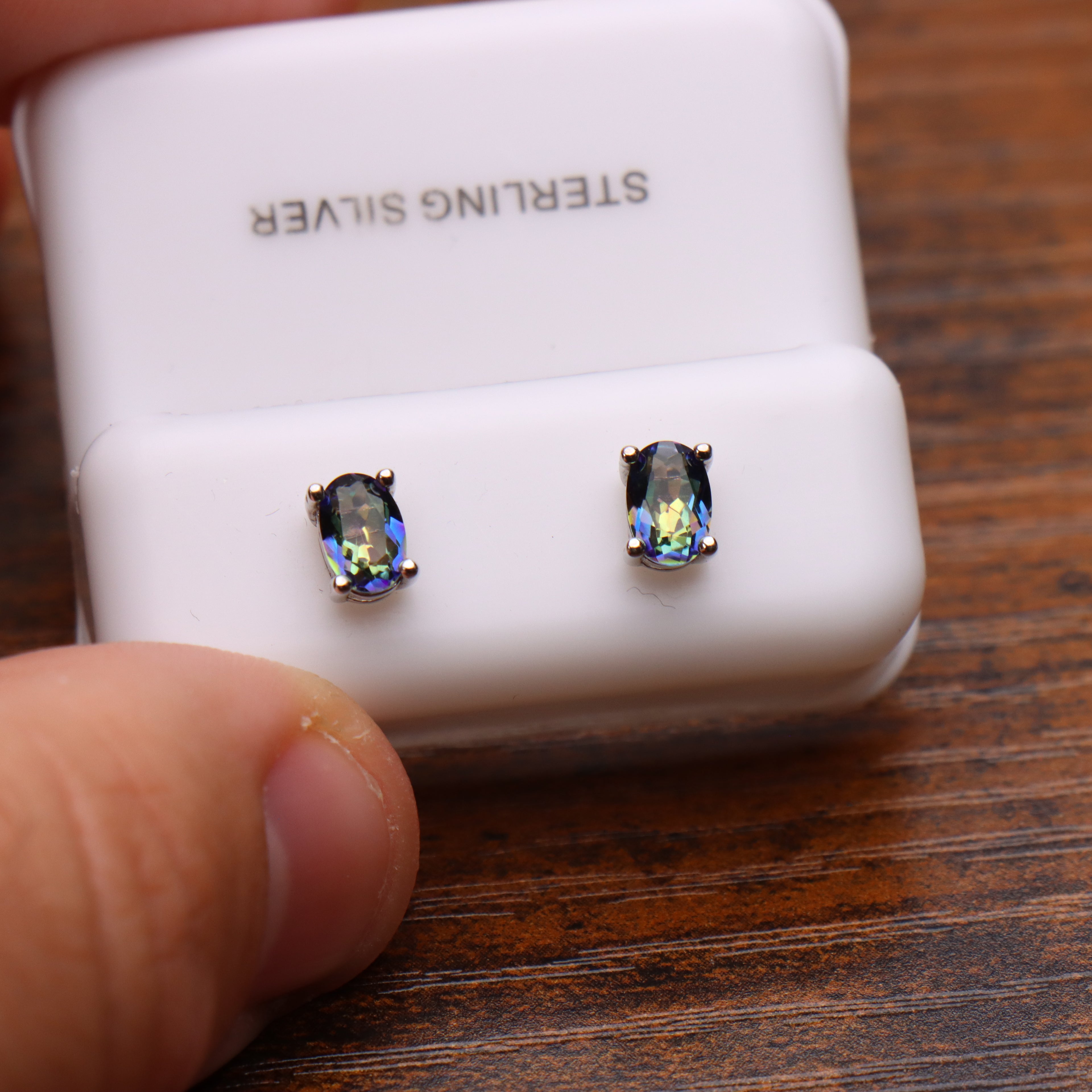Mystic Blue Earrings Oval Natural Semi Precious 925 Sterling Silver