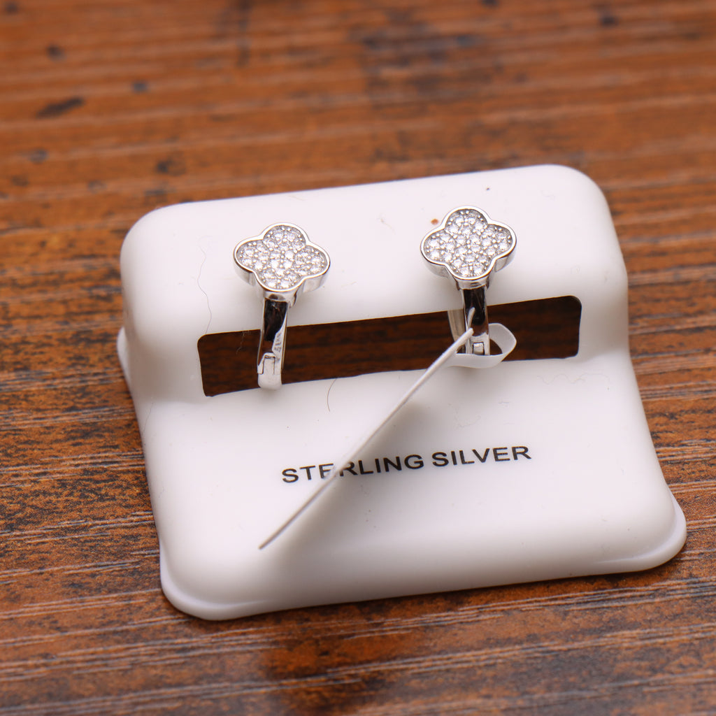 Clover Pave Huggies Hoop Earrings Genuine Moissanite 925 Sterling Silver