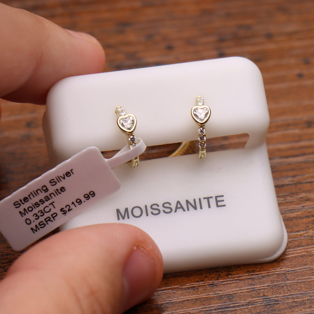Moissanite Heart Gold Over 925 Sterling Silver Huggie Earrings Dainty
