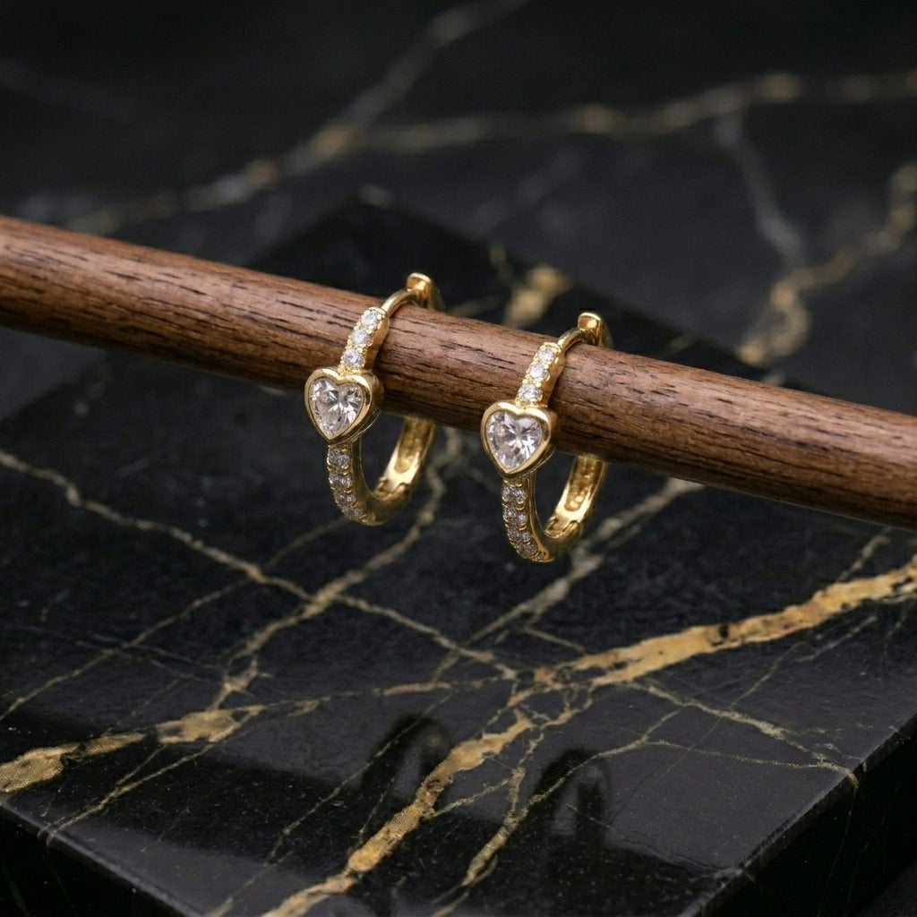 Moissanite Heart Gold Over 925 Sterling Silver Huggie Earrings Dainty