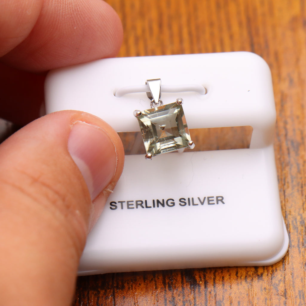 Green Amethyst Square Semi Precious Natural Pendant 925 Silver 9mm