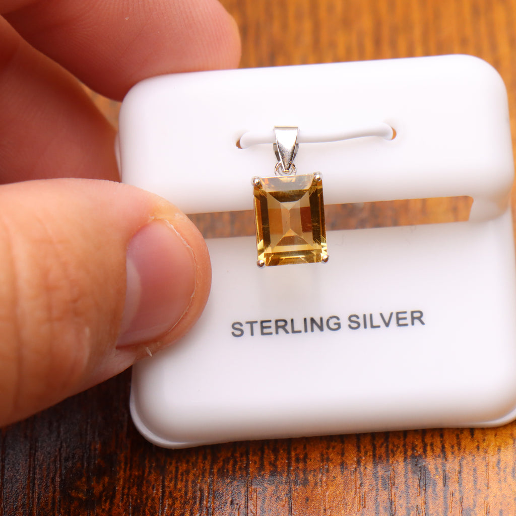 Citrine Emerald Cut Semi Precious Natural Pendant 925 Silver 9x7mm