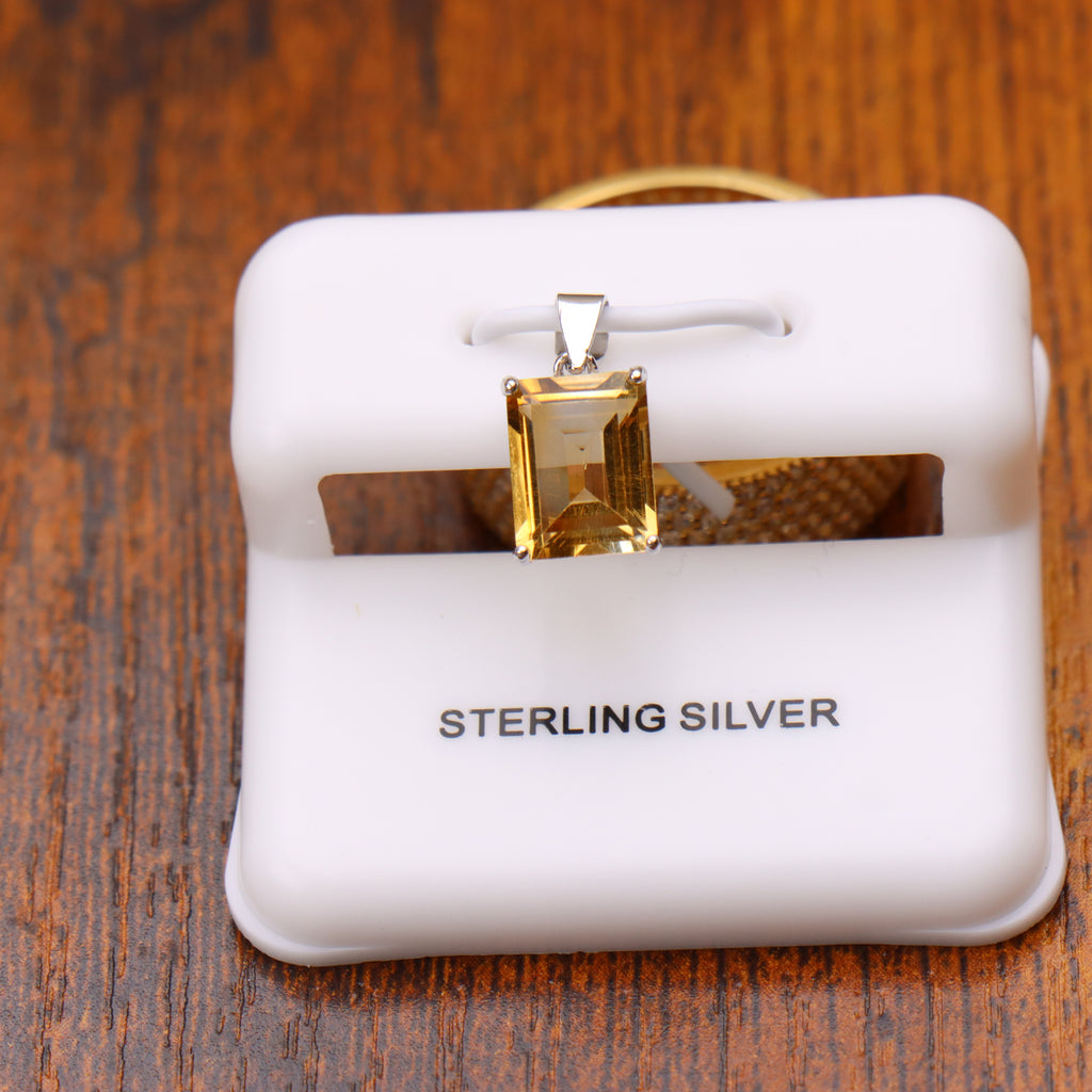 Citrine Emerald Cut Semi Precious Natural Pendant 925 Silver 9x7mm