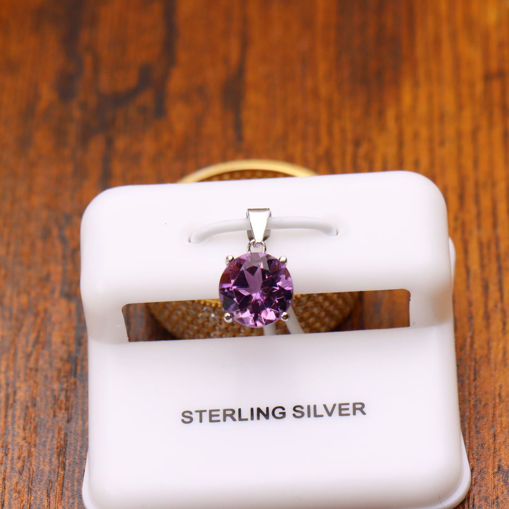 Amethyst Round Semi Precious Natural Pendant 925 Sterling Silver 7mm
