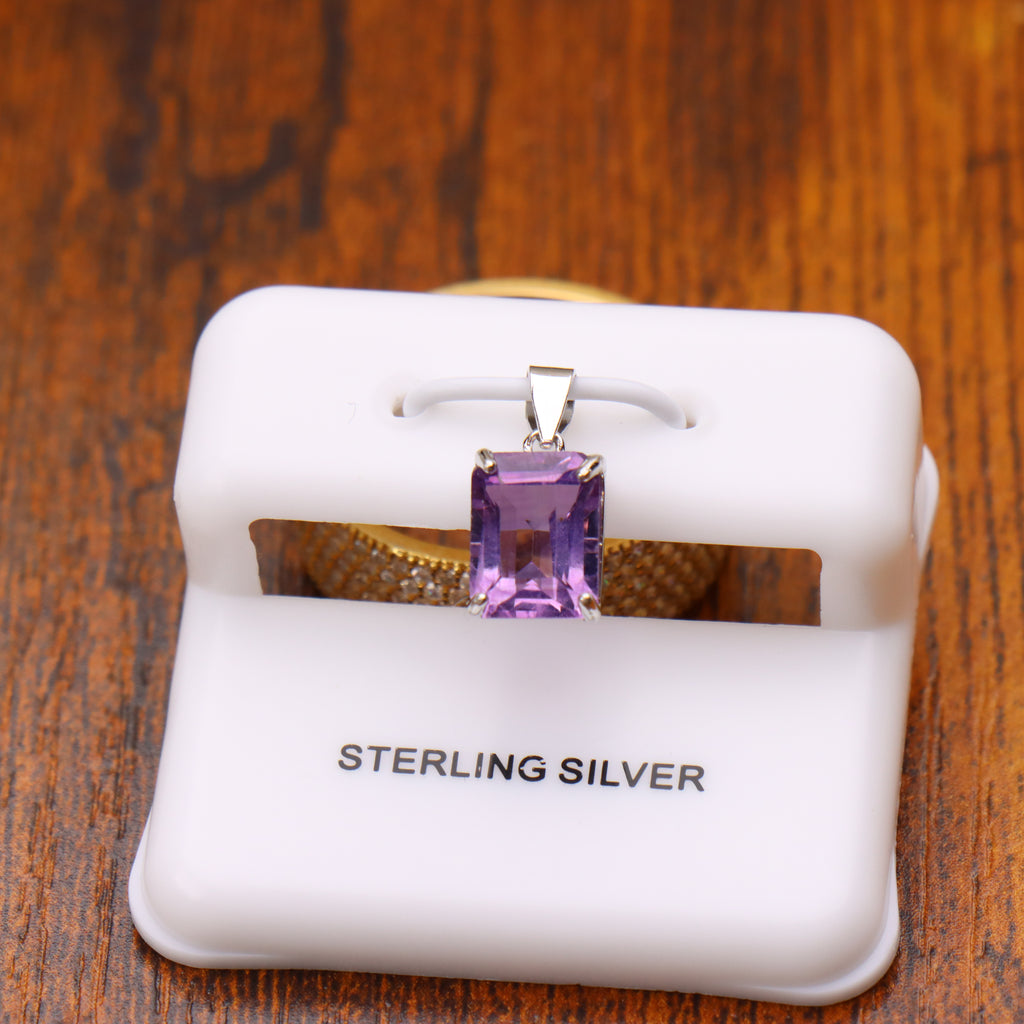 Amethyst Emerald Cut Semi Precious Natural Pendant 925 Silver 9x7mm