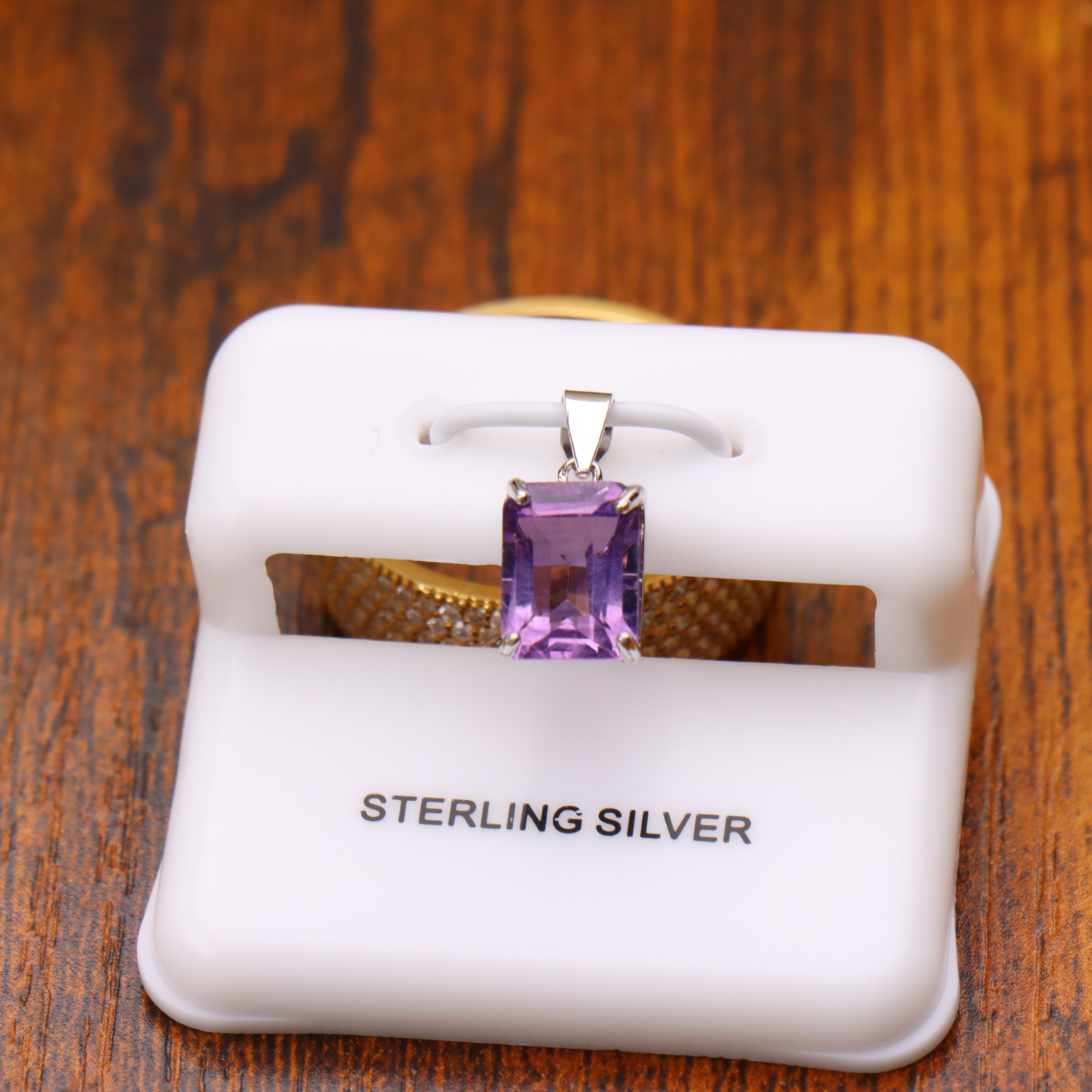 Amethyst Emerald Cut Semi Precious Natural Pendant 925 Silver 9x7mm