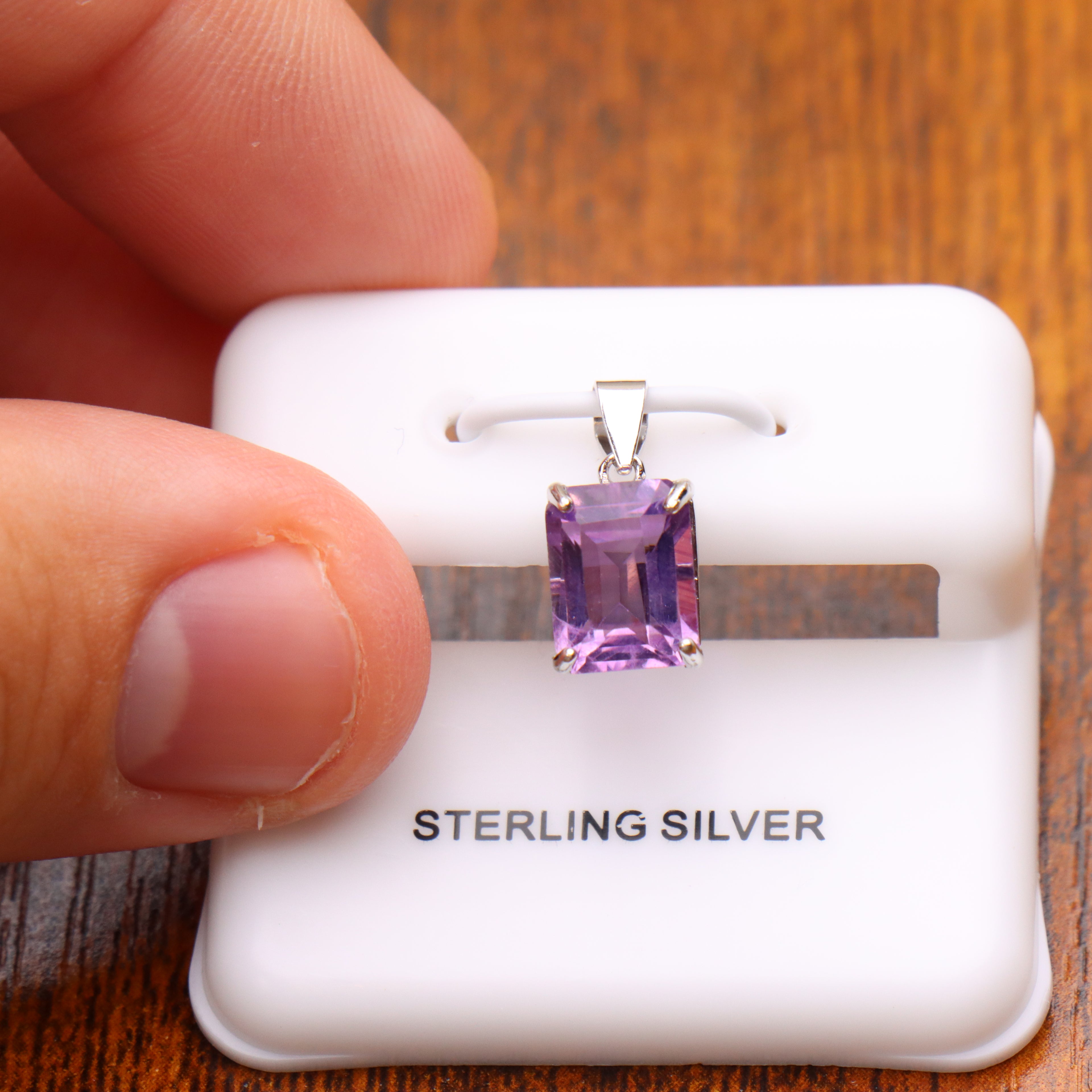 Amethyst Emerald Cut Semi Precious Natural Pendant 925 Silver 9x7mm