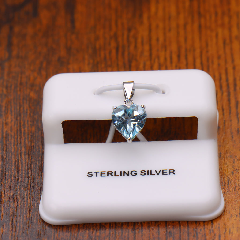Blue Topaz Heart Semi Precious Natural Pendant 925 Sterling Silver 9mm