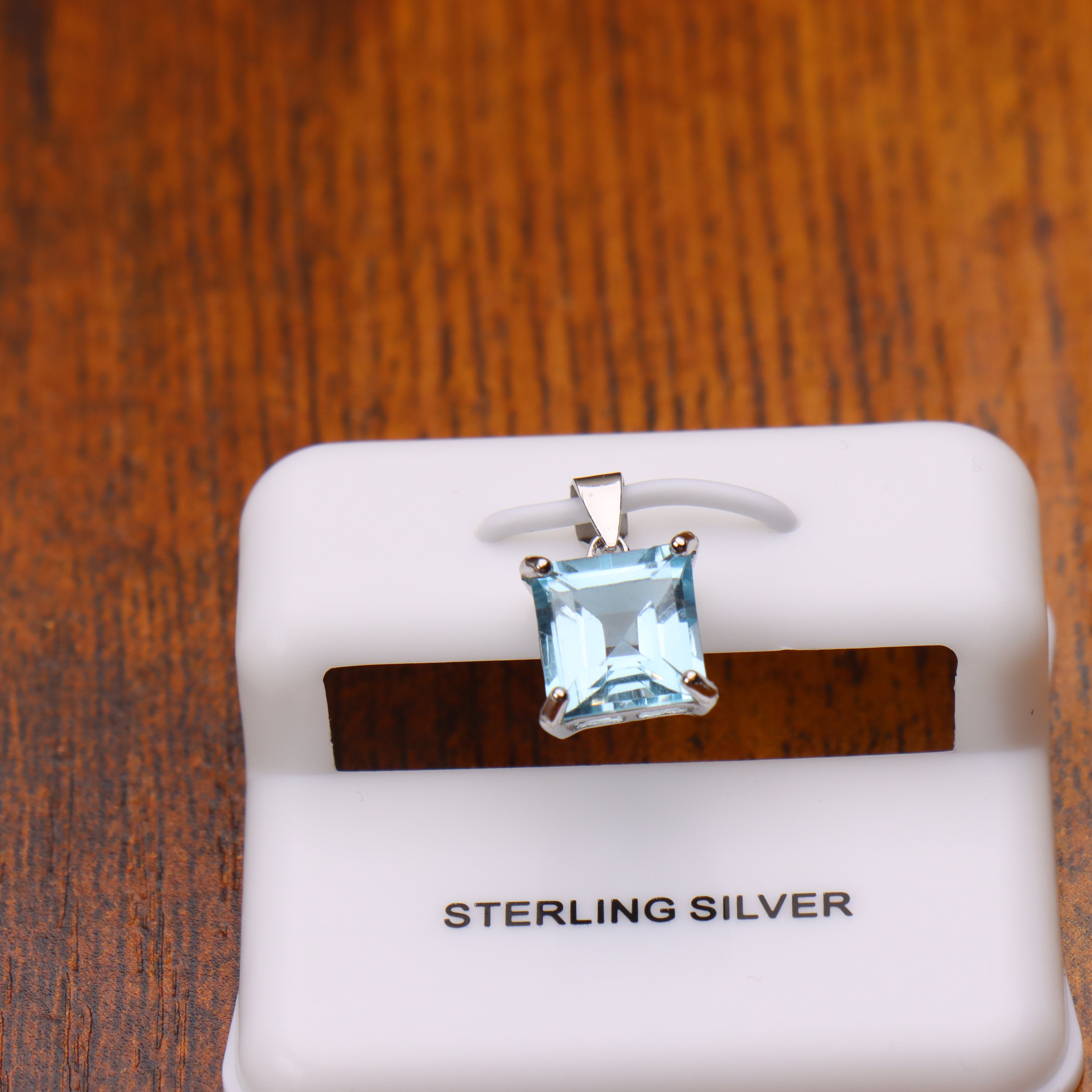 Blue Topaz Square Semi Precious Natural Pendant 925 Sterling Silver 9mm