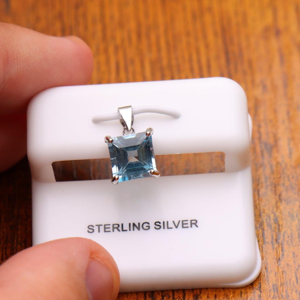 Blue Topaz Square Semi Precious Natural Pendant 925 Sterling Silver 9mm