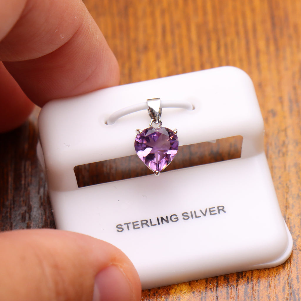 Purple Amethyst Heart Semi Precious Natural Pendant 925 Silver 9mm