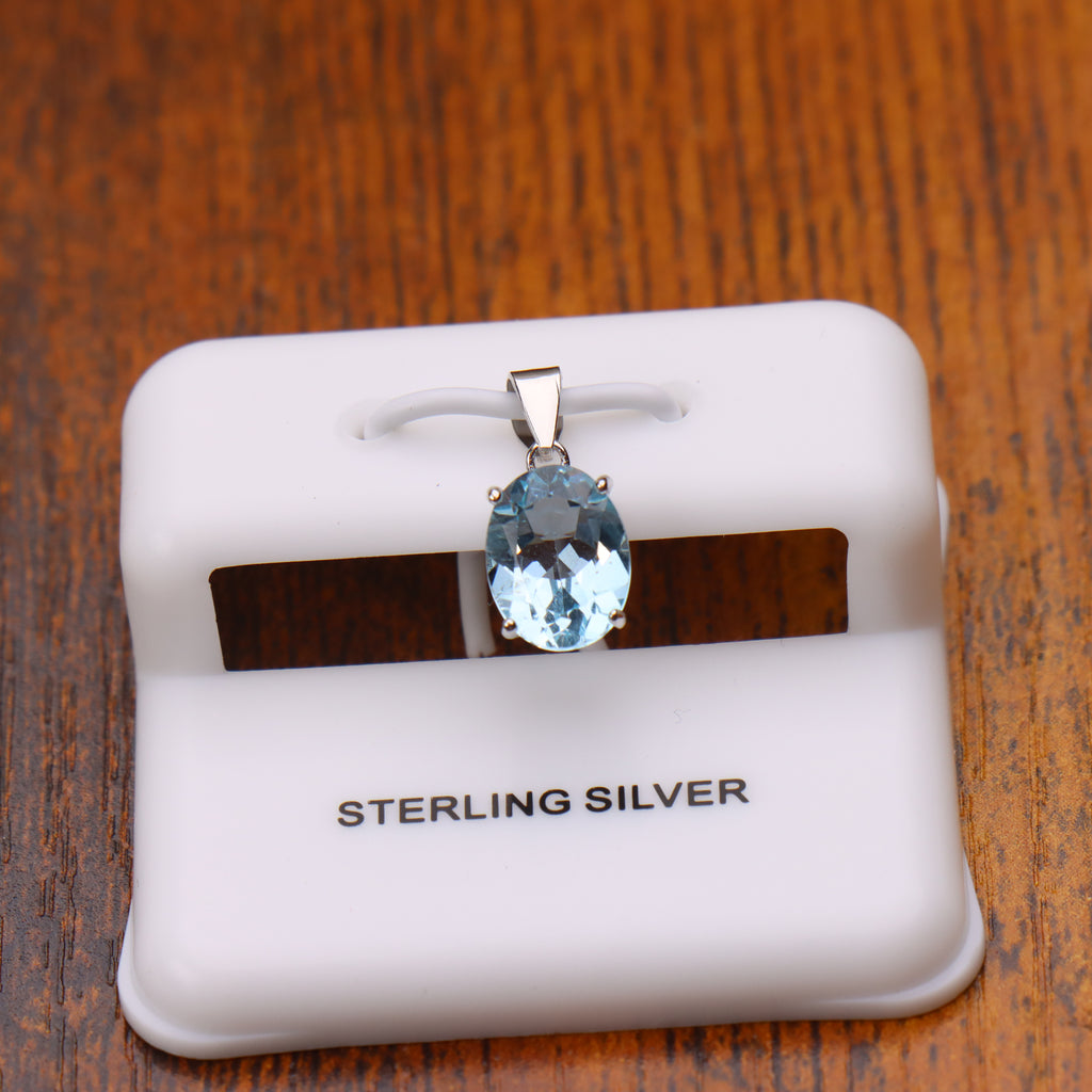 Blue Topaz Oval Semi Precious Natural Pendant 925 Silver 8x7mm