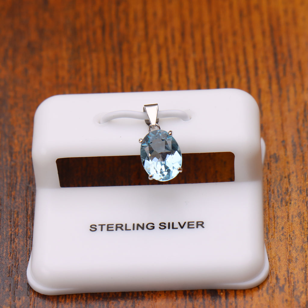 Blue Topaz Oval Semi Precious Natural Pendant 925 Silver 8x7mm