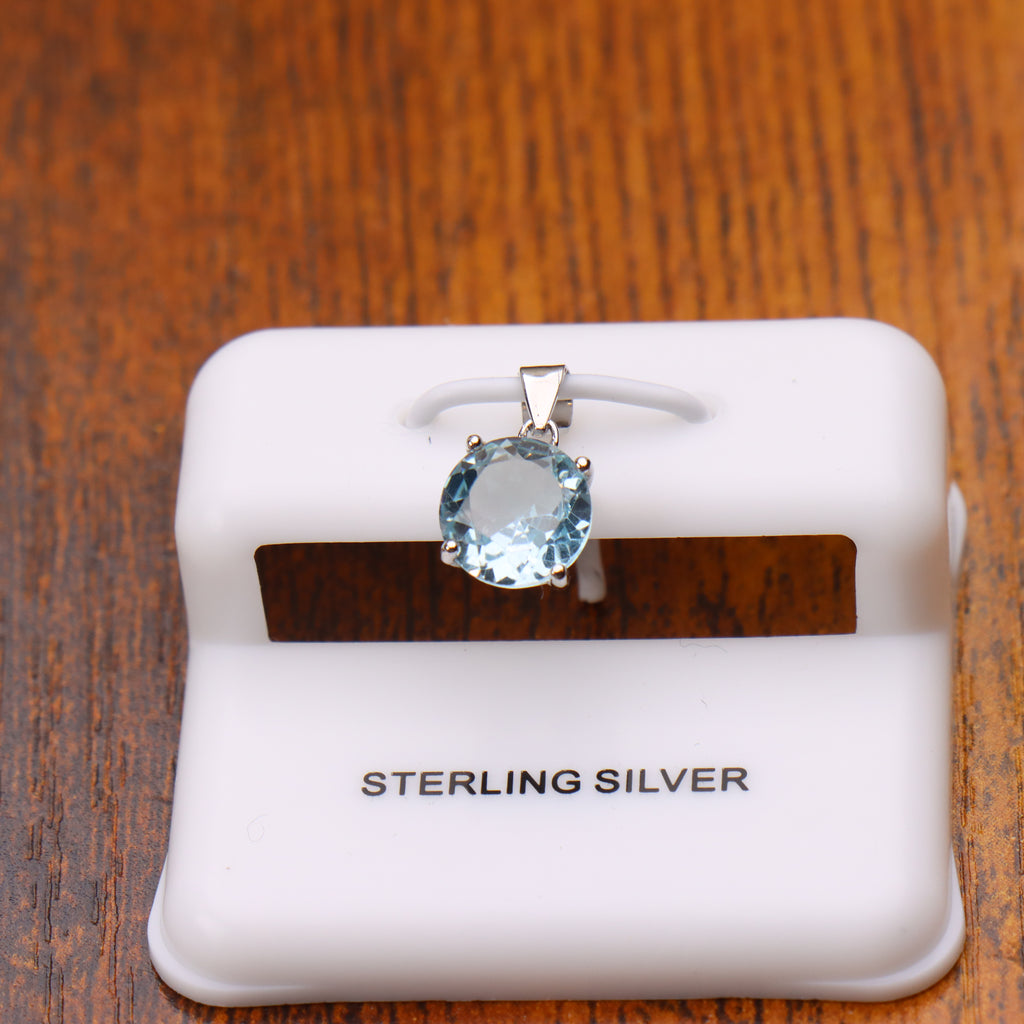 Blue Topaz Round Semi Precious Natural Pendant 925 Sterling Silver 7mm
