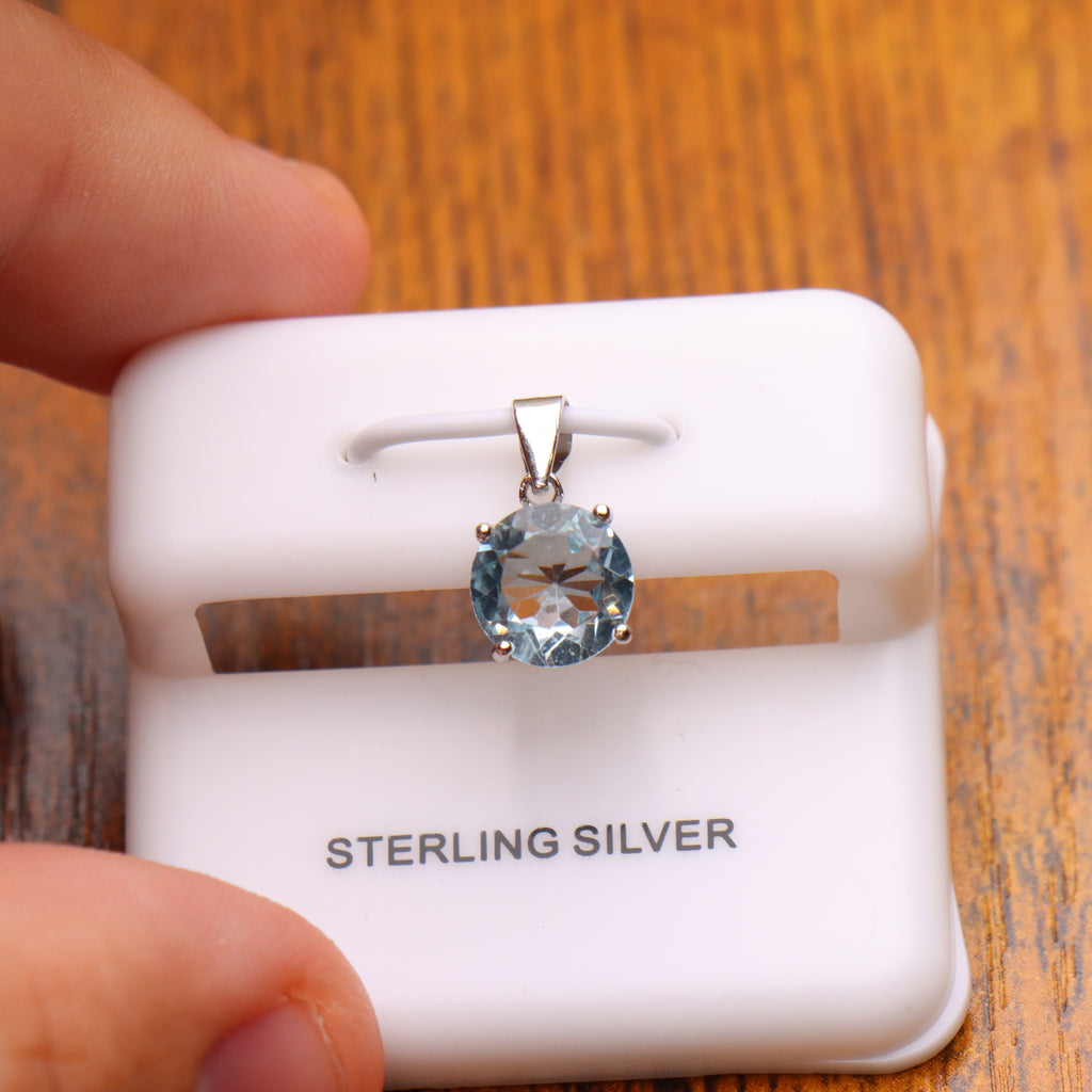 Blue Topaz Round Semi Precious Natural Pendant 925 Sterling Silver 7mm