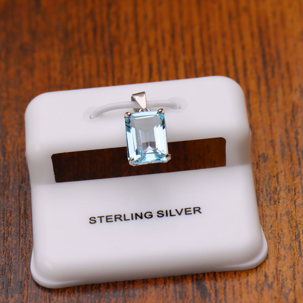 Blue Topaz Emerald Cut Semi Precious Natural Pendant 925 Silver 9x7mm