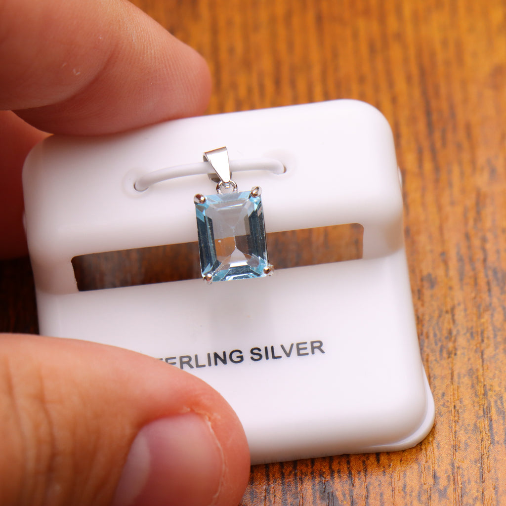 Blue Topaz Emerald Cut Semi Precious Natural Pendant 925 Silver 9x7mm
