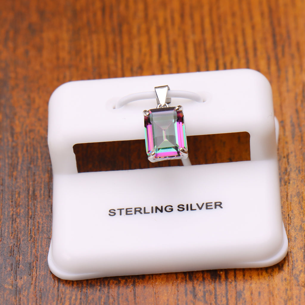 Mystic Topaz Emerald Cut Semi Precious Natural Pendant 925 Silver 9x7mm