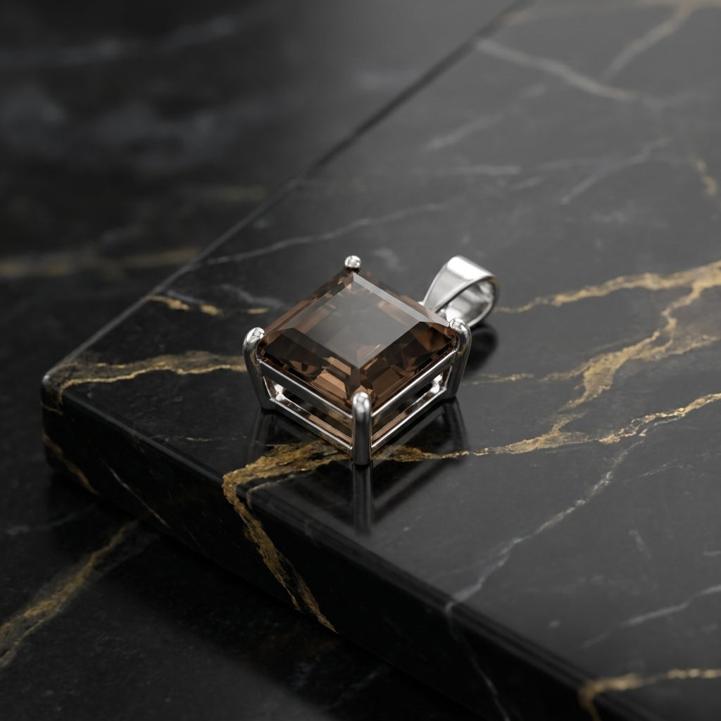 A square smoky brown gemstone pendant in a silver-toned bezel setting, displayed on a black marble slab with gold veining.