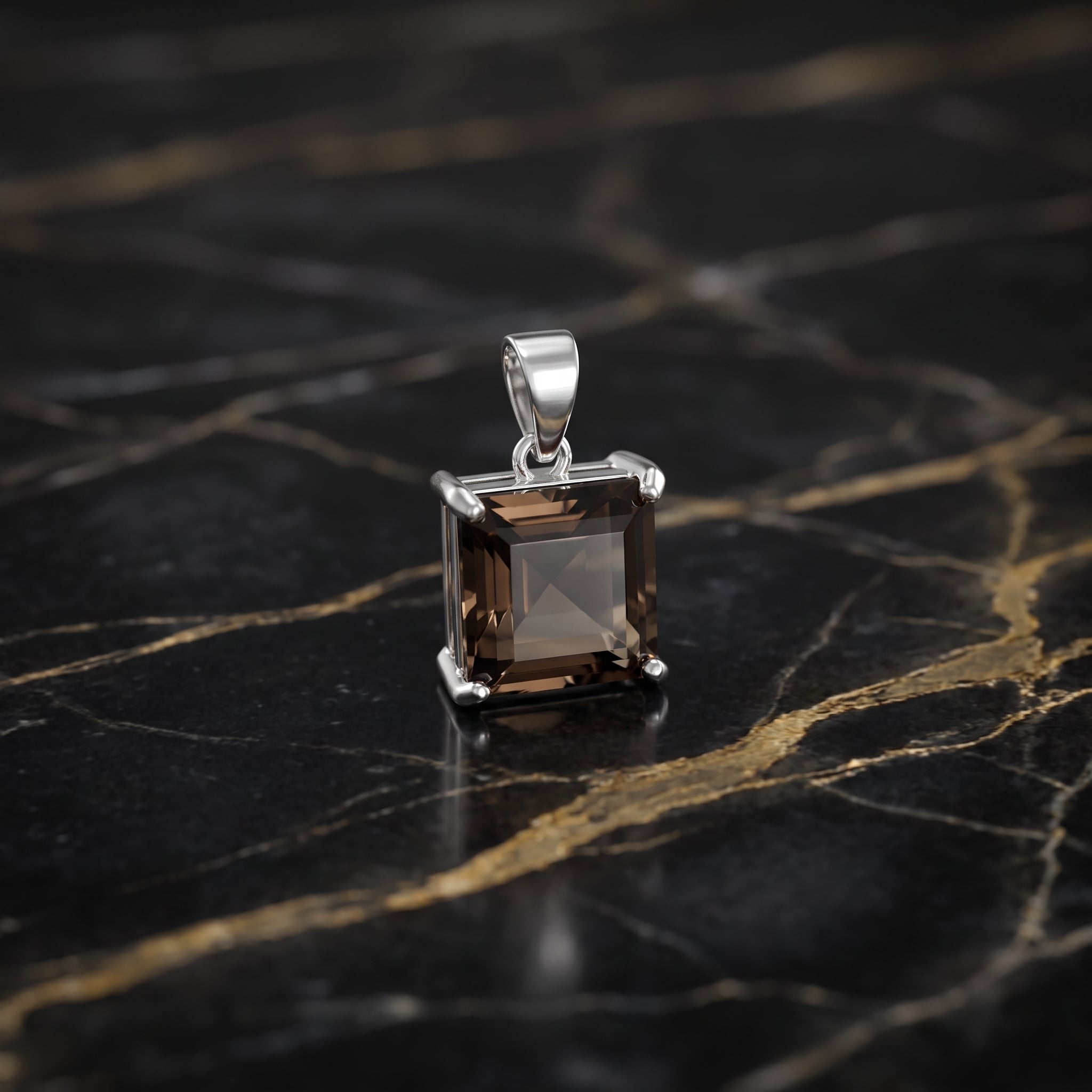 Smokey Quarts Square Semi Precious Natural Pendant 925 Sterling Silver 9mm