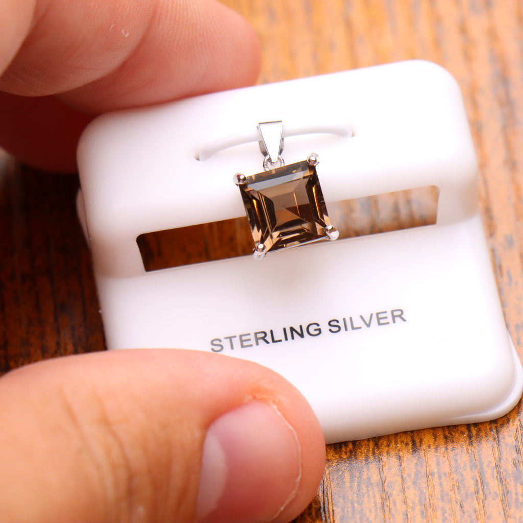 Smokey Quarts Square Semi Precious Natural Pendant 925 Sterling Silver 9mm
