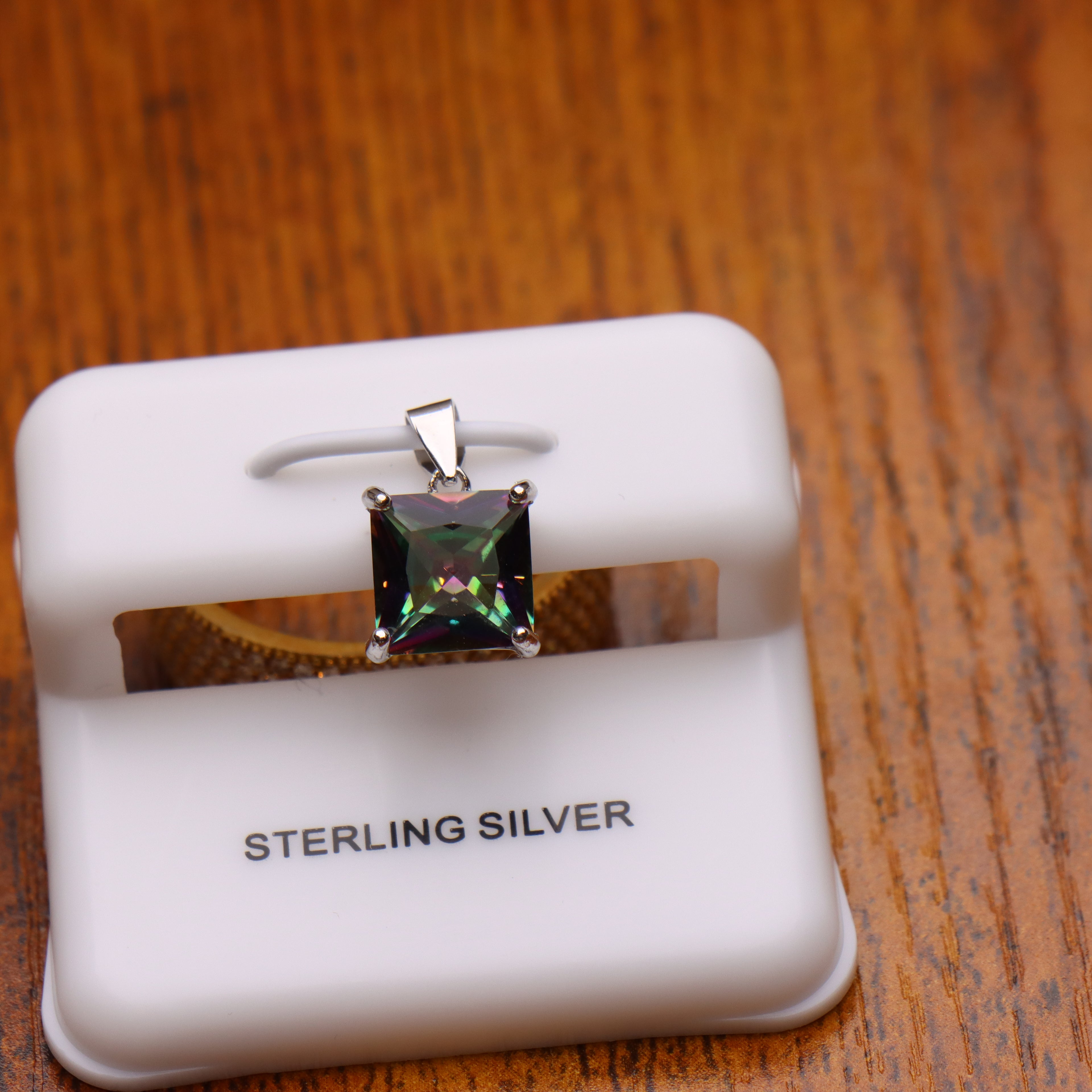 Mystic Topaz Square Semi Precious Natural Pendant 925 Sterling Silver 9mm