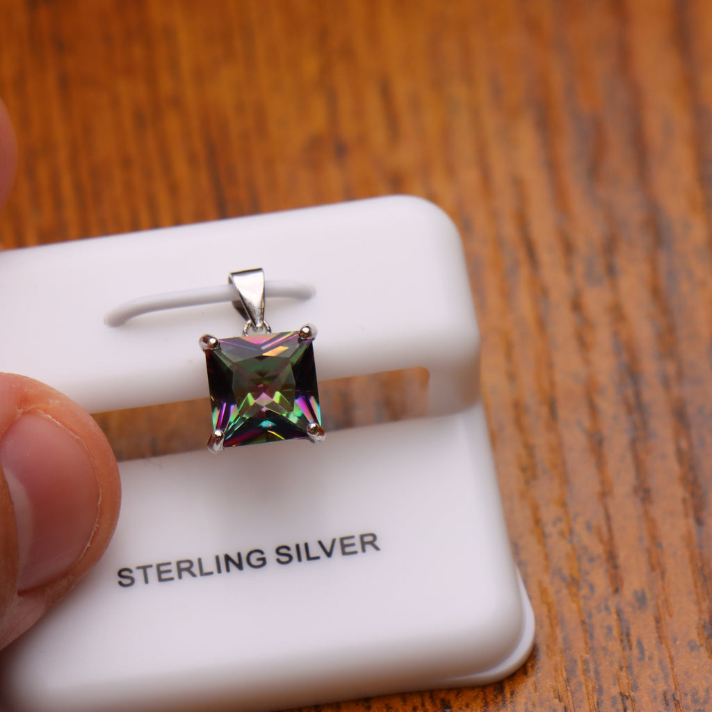 Mystic Topaz Square Semi Precious Natural Pendant 925 Sterling Silver 9mm