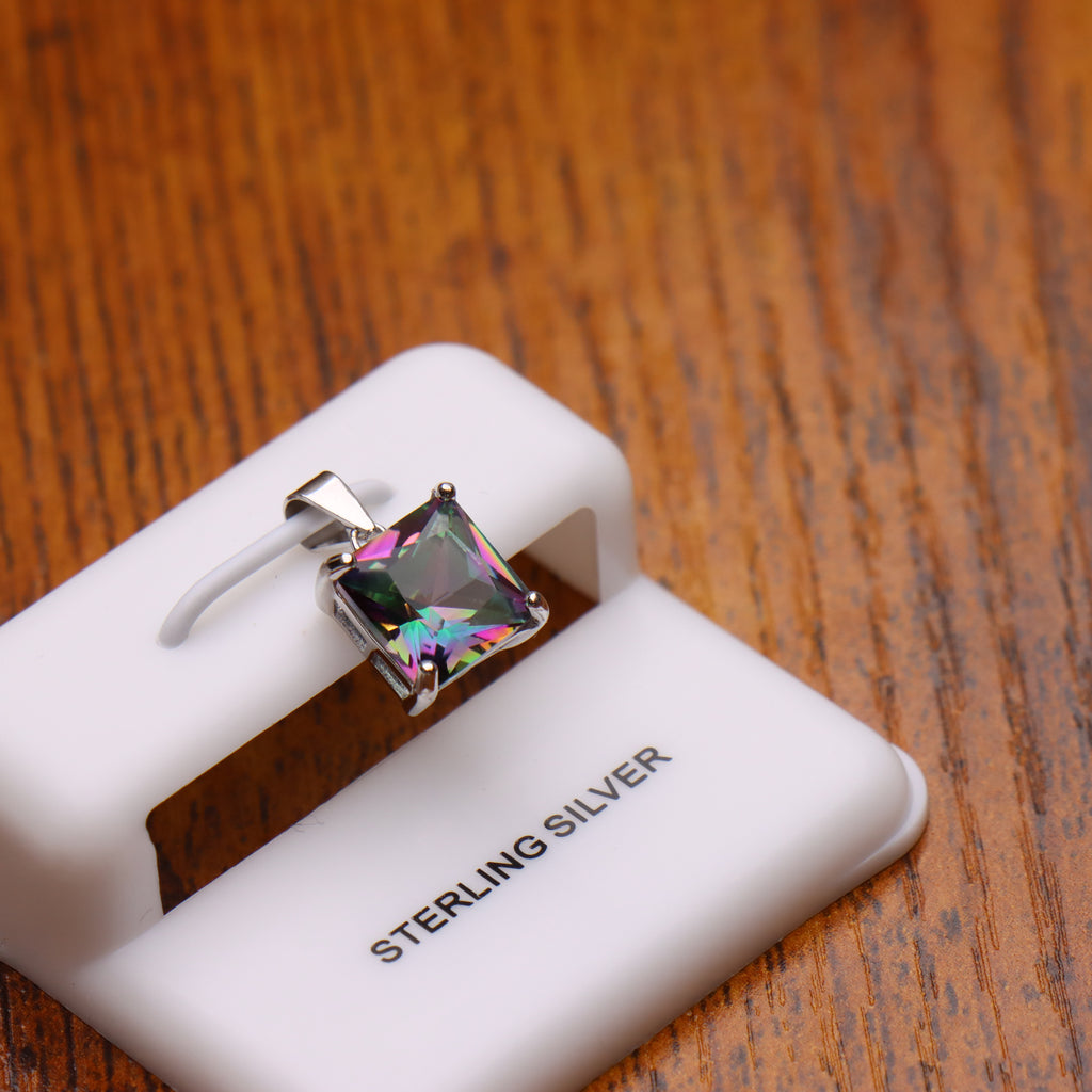 Mystic Topaz Square Semi Precious Natural Pendant 925 Sterling Silver 9mm