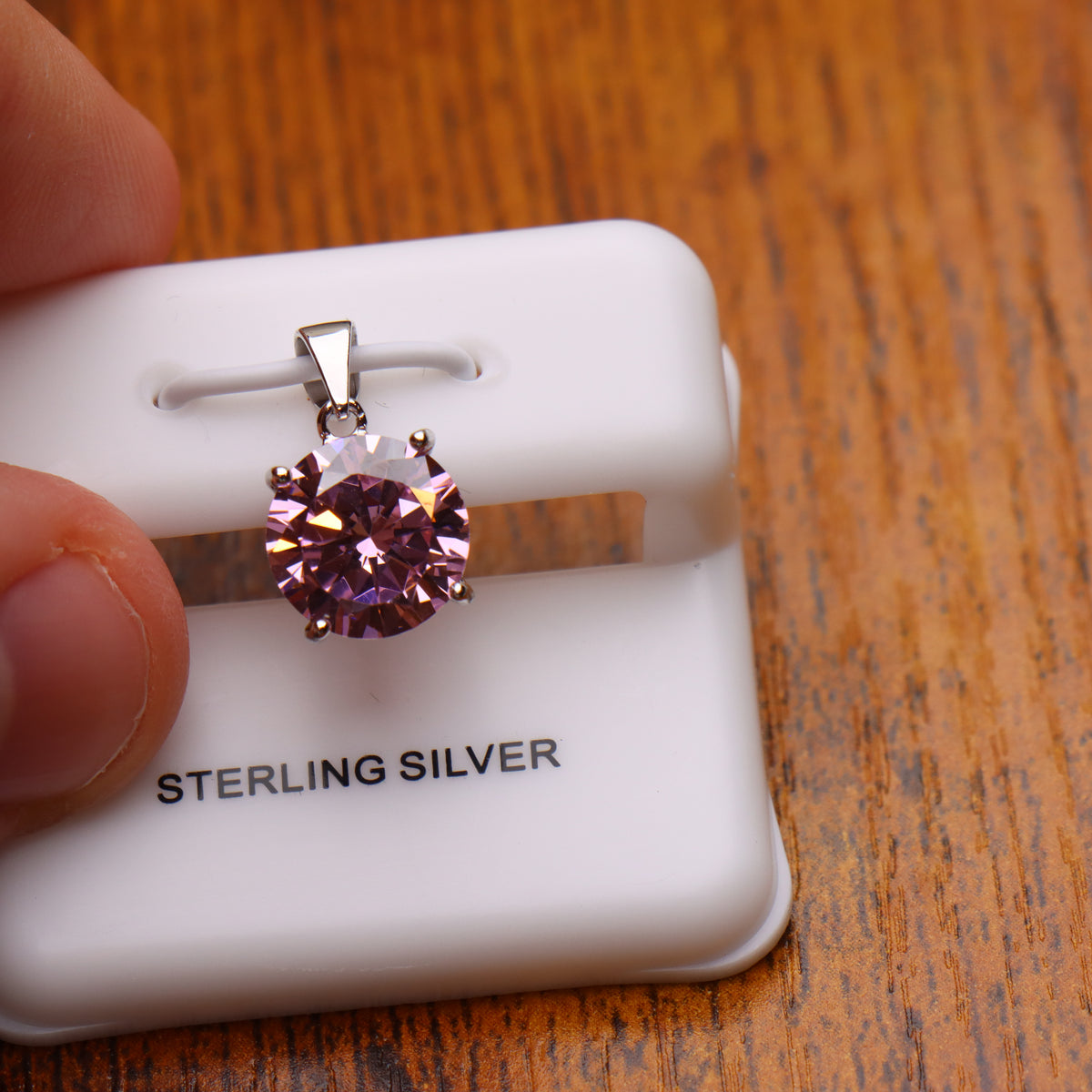 Round Pink CZ Pendant 925 Sterling Silver 10mm