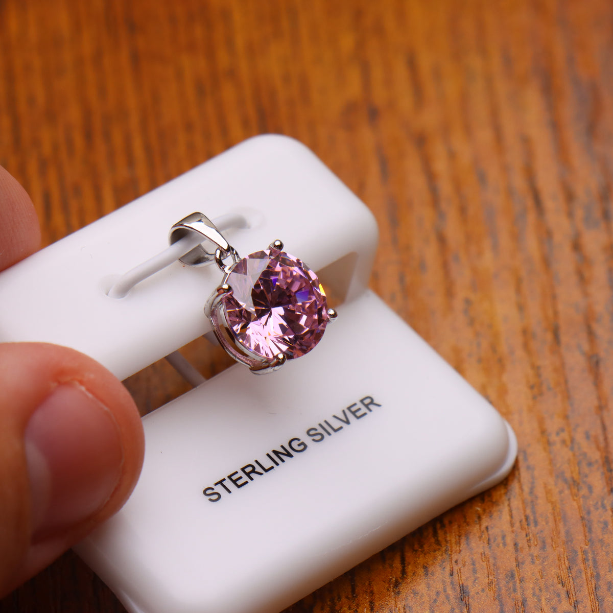 Round Pink CZ Pendant 925 Sterling Silver 10mm