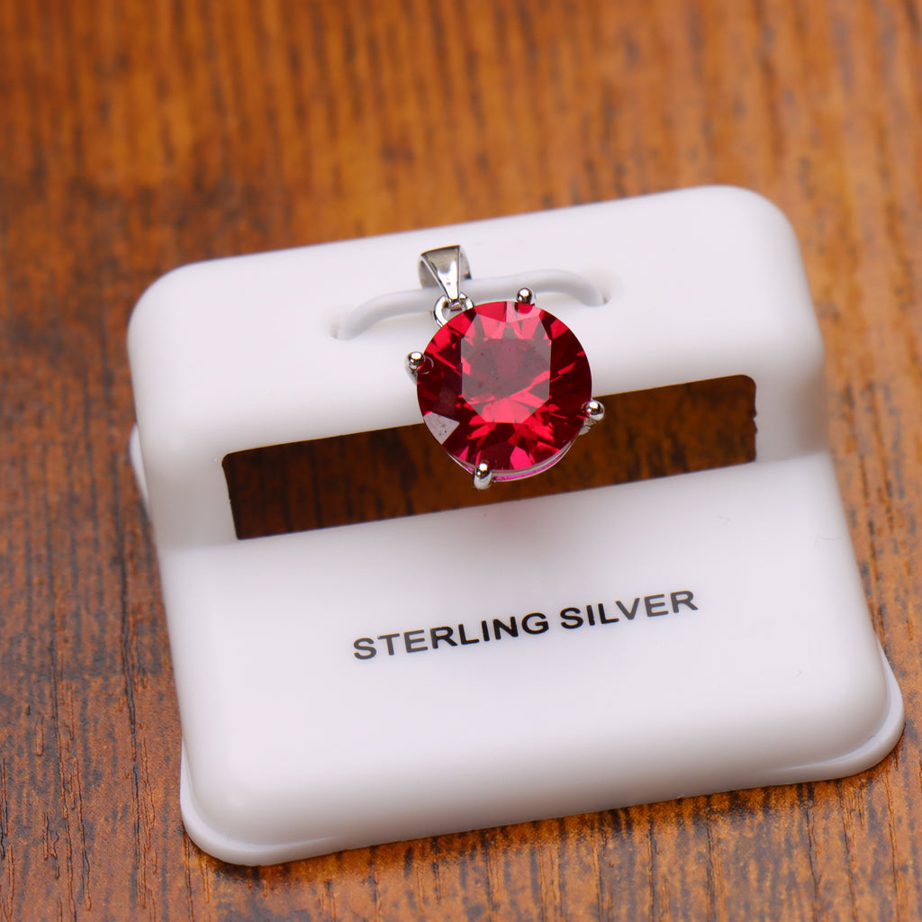 Round Red CZ Pendant 925 Sterling Silver 10mm