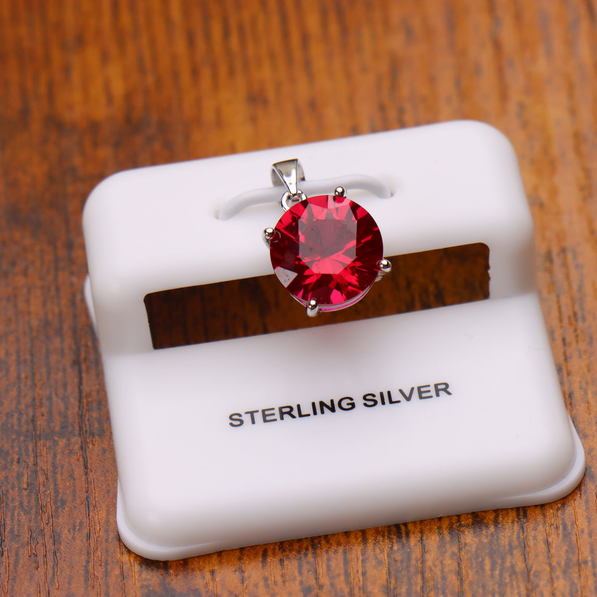 Round Red CZ Pendant 925 Sterling Silver 10mm
