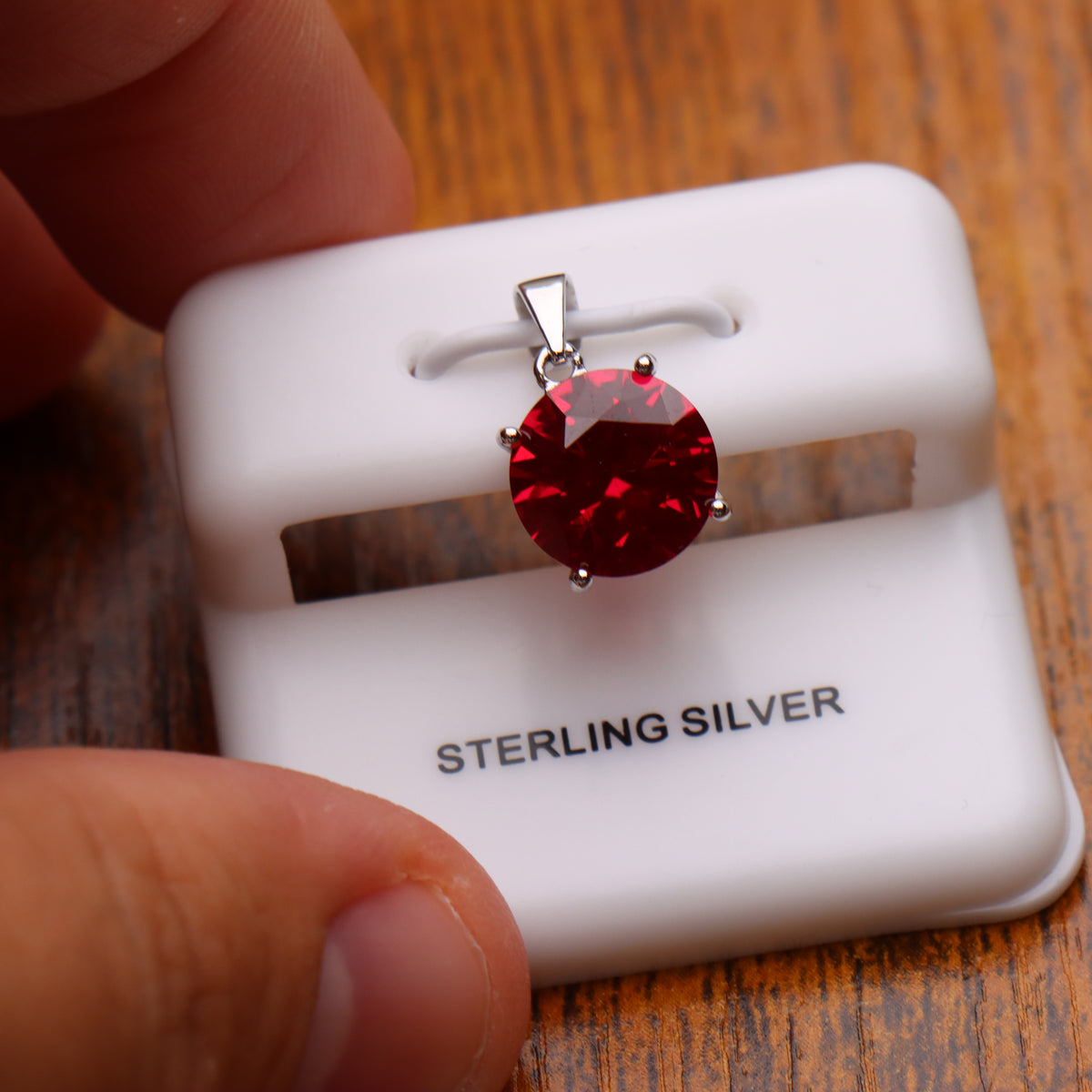 Round Red CZ Pendant 925 Sterling Silver 10mm