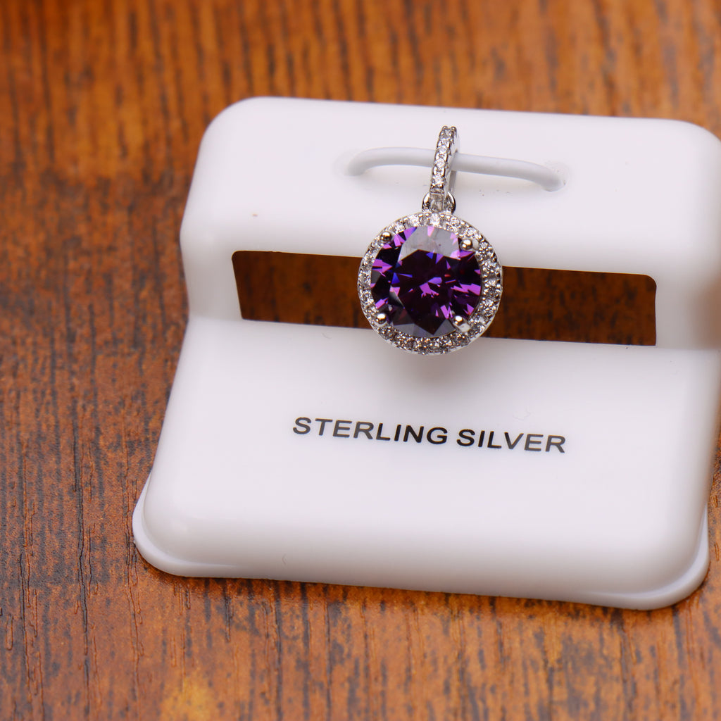 Round Purple CZ Halo Pendant 925 Sterling Silver 10mm