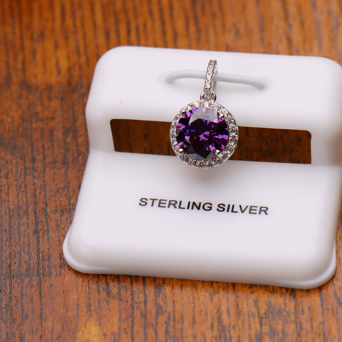 Round Purple CZ Halo Pendant 925 Sterling Silver 10mm