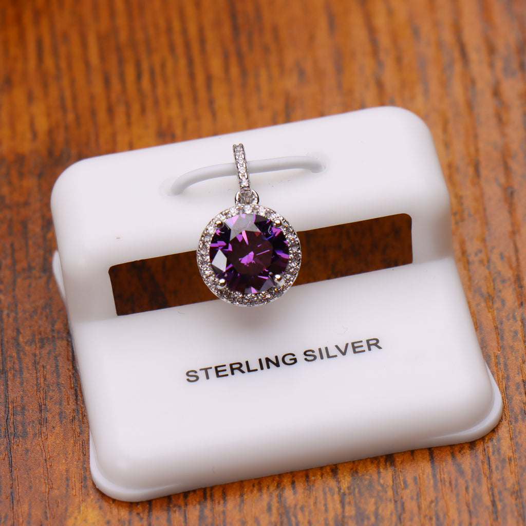 Round Purple CZ Halo Pendant 925 Sterling Silver 10mm