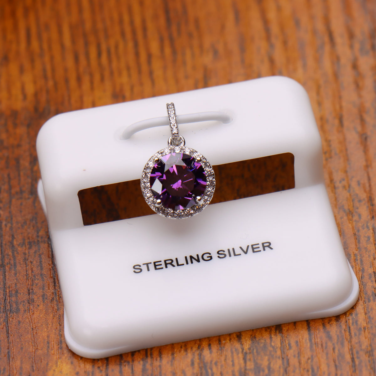 Round Purple CZ Halo Pendant 925 Sterling Silver 10mm