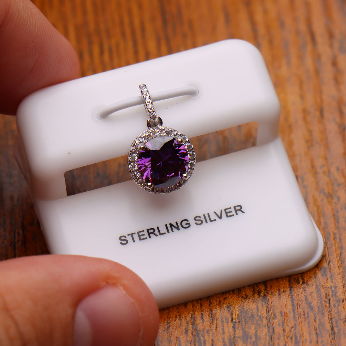 Round Purple CZ Halo Pendant 925 Sterling Silver 10mm